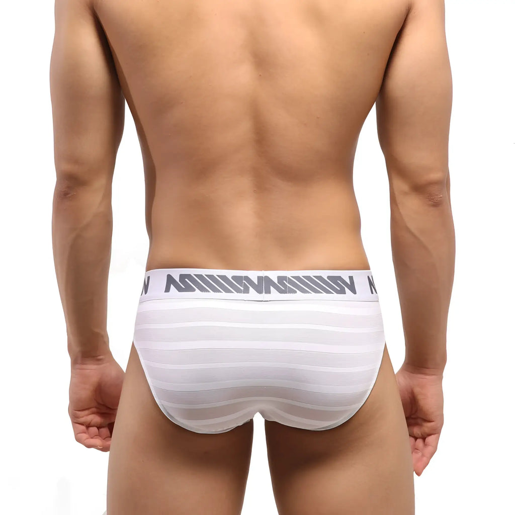 Metro male wear white highcut hip brief mesh stripe with gray logo waistband band for men