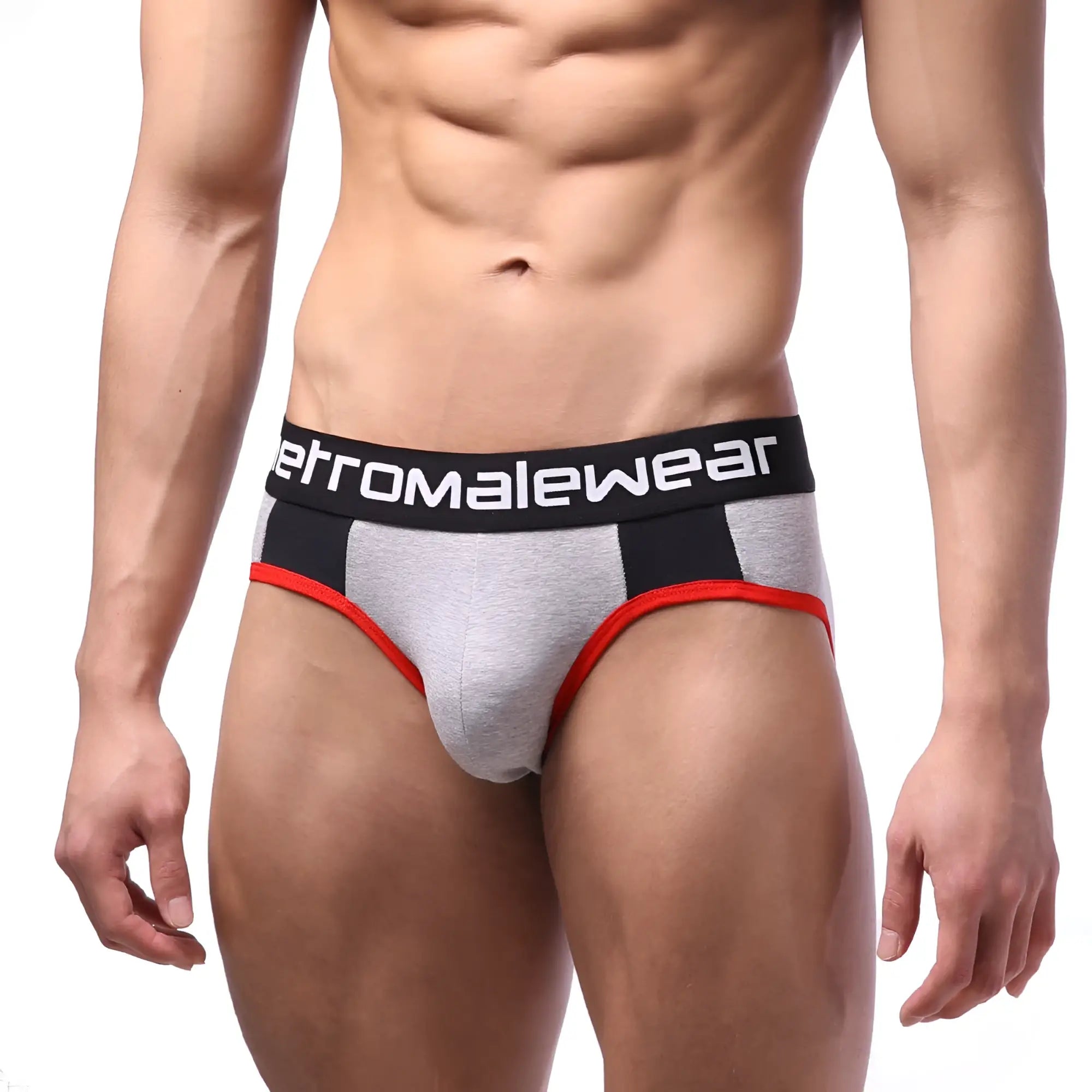 Gray and black highcut athletic briefs with red trim and aeromalewear logo on waistband metro malewear noir 5103-02
