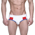 White briefs metro malewear highcut hip brief tiempo 5103-01 with red and blue geometric waistband accents