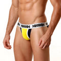 MetroMalewear highway bikini yellow athletic briefs with vibrant yellow and navy blue fabric and white waistband with million branding