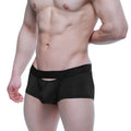 Black men’s briefs MetroMaleWear Hincapie trunk black with cutout design and branded waistband front view