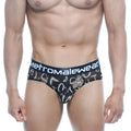 Black men’s briefs with white graffiti pattern and metromalewear branded waistband metroMalewear hip brief bar oraculo 5003-03