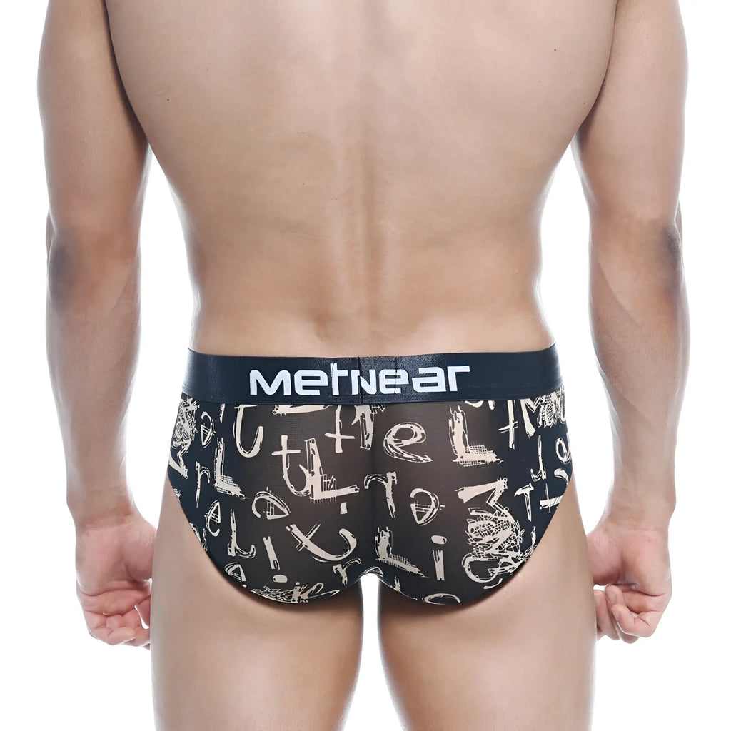 Black mesh hip briefs with white graffiti lettering and black waistband branded mertnear metro male wear oraculo 5003-03