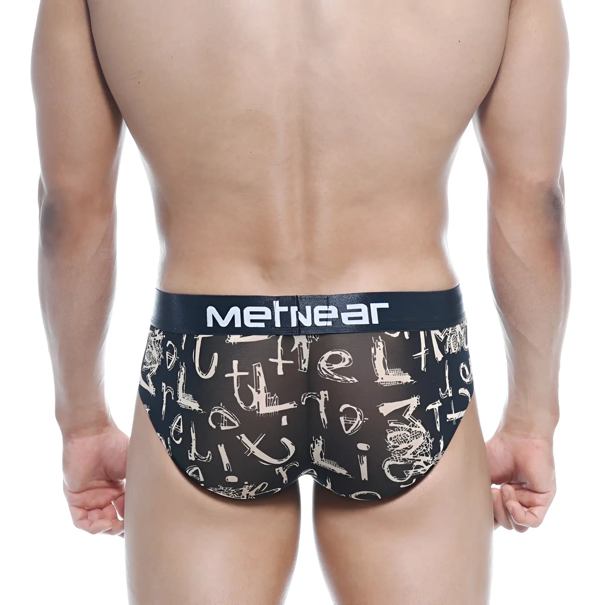 Black mesh hip briefs with white graffiti lettering and black waistband branded mertnear metro male wear oraculo 5003-03