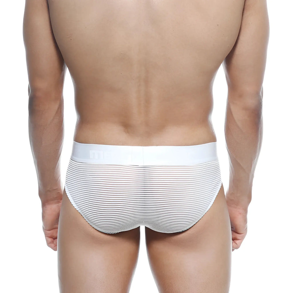 White striped MetroMaleWear hip briefs with solid white waistband designed for comfortable everyday wear