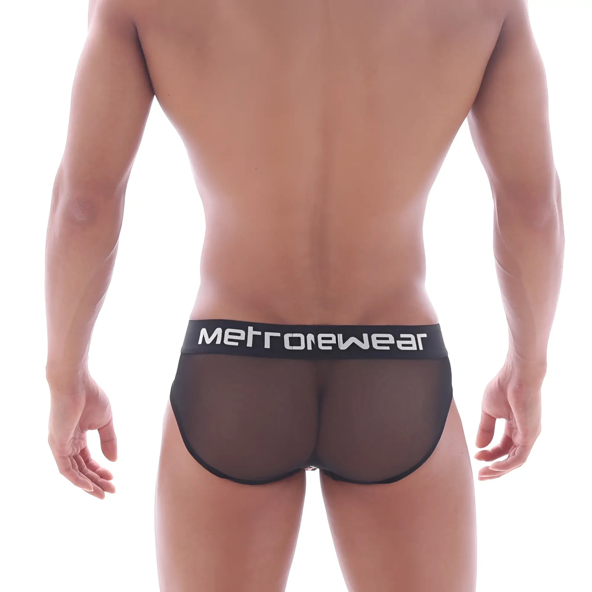 Black mesh hip briefs with a black metrowear logo waistband in white from metro malewear hip brief berry 5003-69
