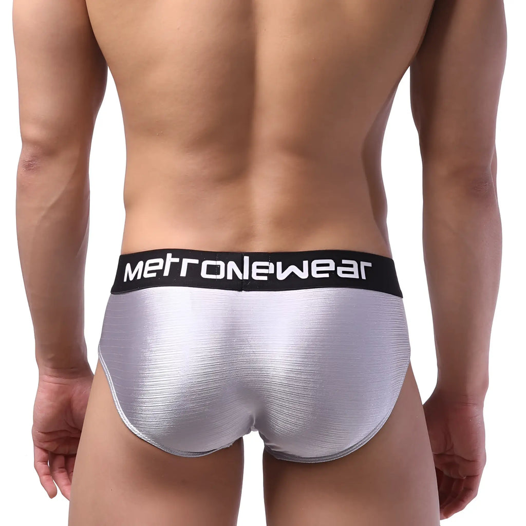 MetroMaleWear hip brief metal silver 5003-10 with silver metallic texture and black waistband featuring metronewear logo