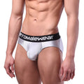 Silver textured men’s briefs with black waistband and white stromalewear branding metro malewear hip brief metal silver