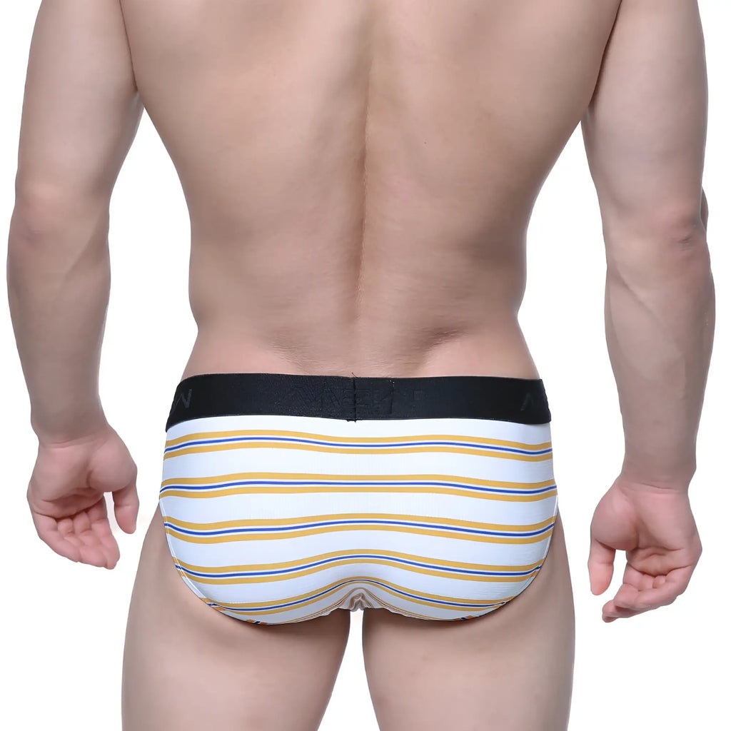 MetroMaleWear hip brief Valencia 5003-79 white fabric with yellow and blue stripes and black elastic waistband