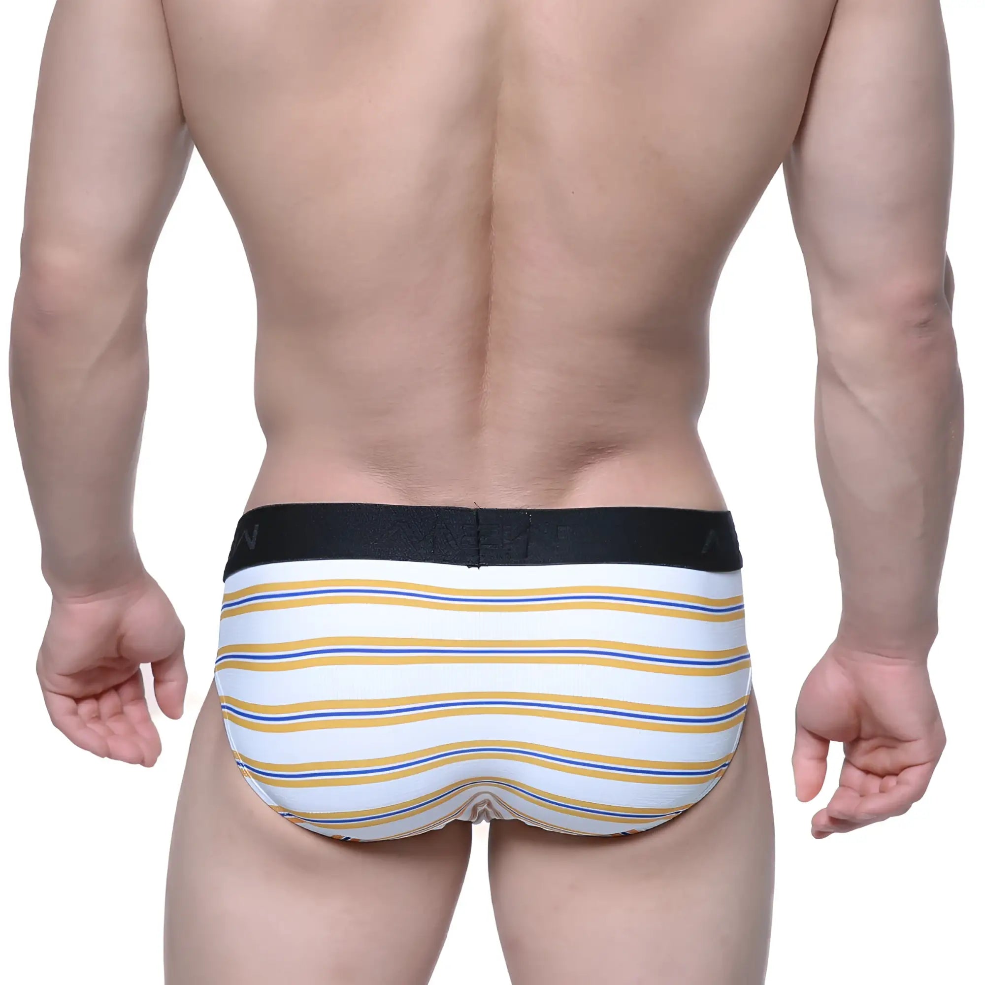 MetroMaleWear hip brief Valencia 5003-79 white fabric with yellow and blue stripes and black elastic waistband