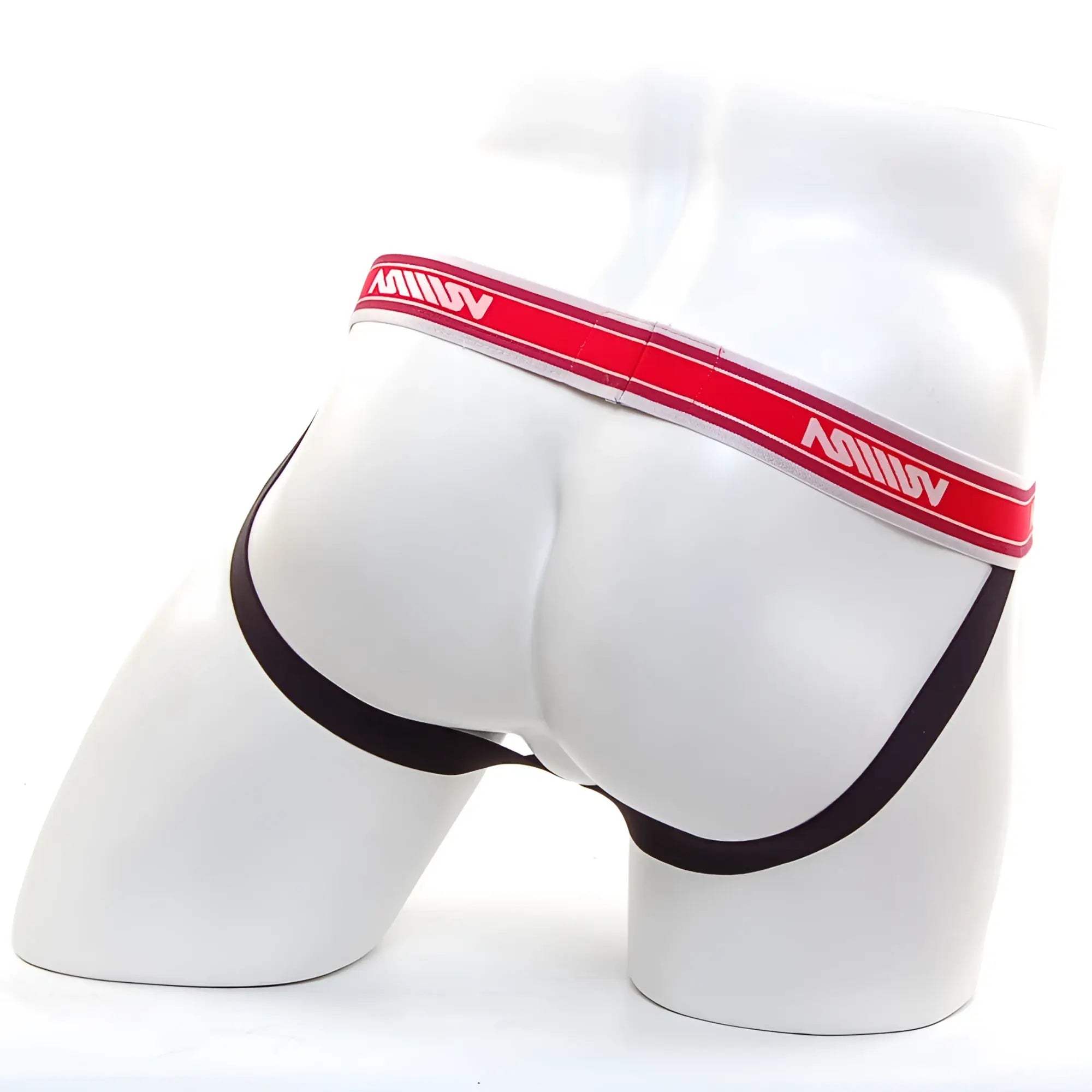 Black and red metro malewear hip jock strap briefs with white logo waistband designed for comfort and style