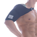 Black athletic shoulder support with white embroidered m logo on sleeve from MetroMaleWear hombro black collection