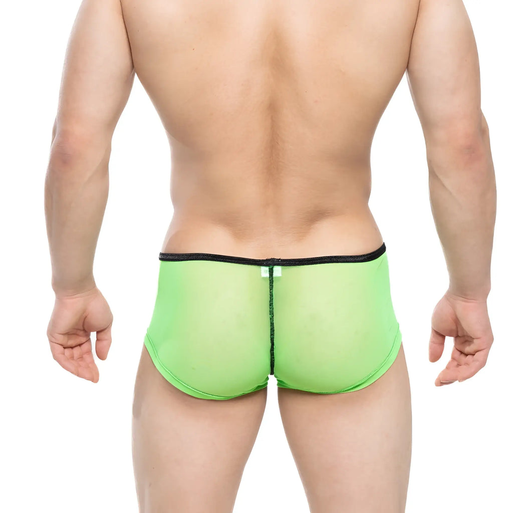 Bright neon green sheer mesh briefs with black trim and central zipper closure metro male wear hongos trunk lime