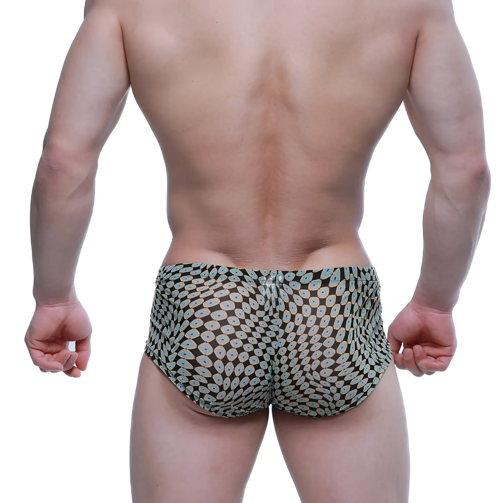 Black MetroMaleWear Horus trunk briefs with light blue and white circular motifs in a repeating pattern