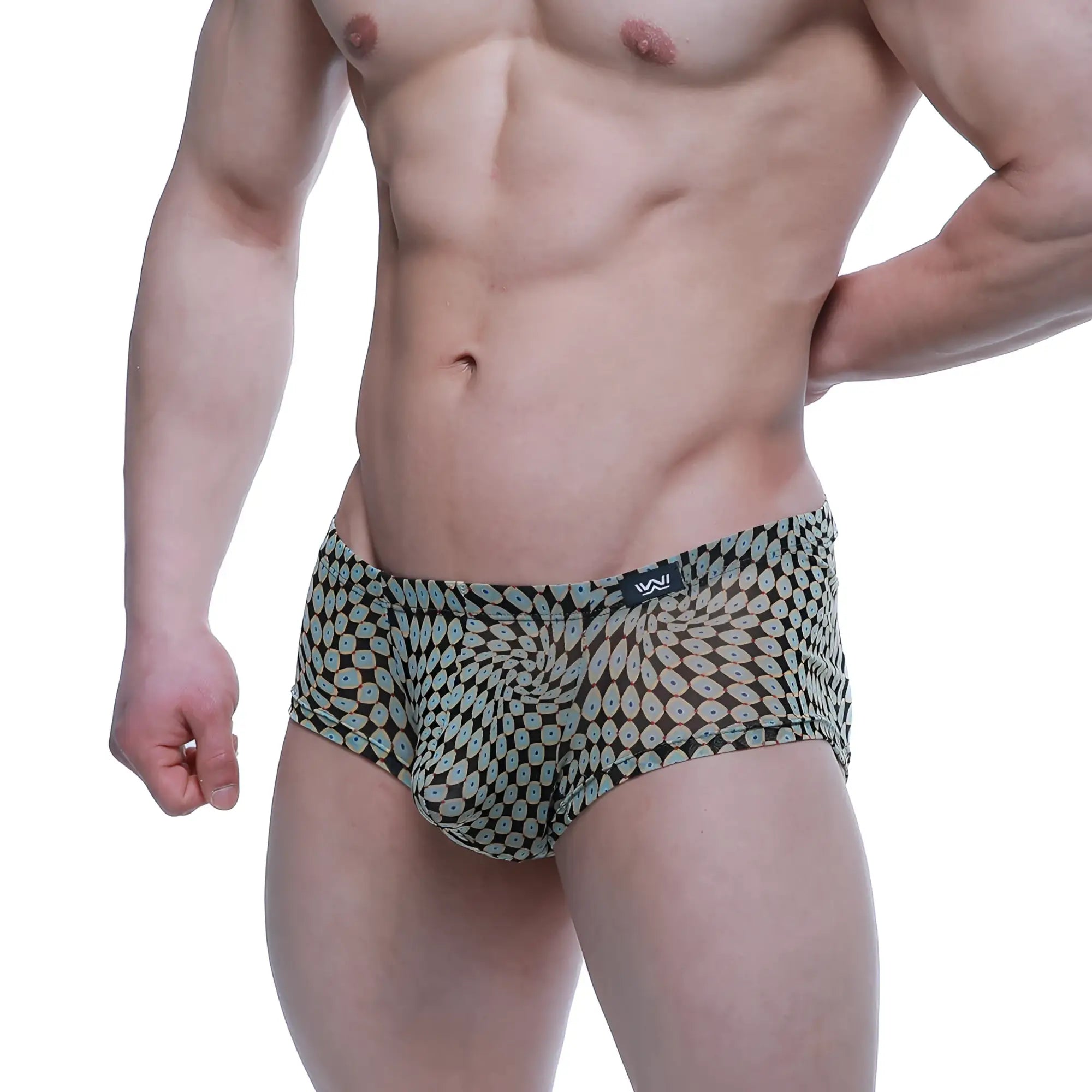 MetroMaleWear Horus trunk 2125-81 black and teal geometric pattern men’s briefs with subtle sheen front view