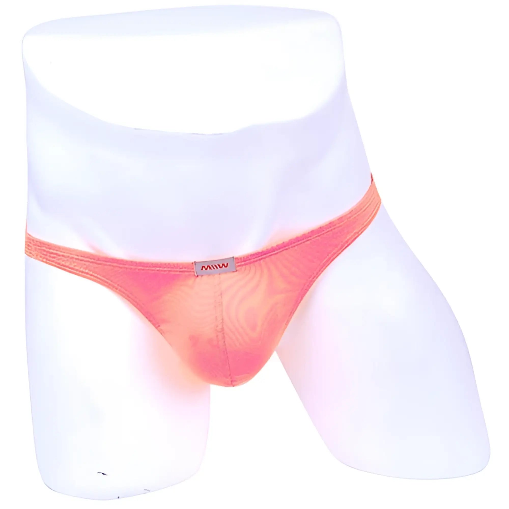 A vibrant coral-colored sheer mesh brief with a subtle gradient and brand tag from MetroMaleWear hot orange bikini and thong