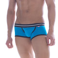 Bright blue MetroMaleWear Hotties Boxer athletic briefs with black and white striped waistband for active wear