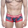 Red and navy blue MetroMaleWear Hotties boxer briefs with bold red lip print and branded elastic waistband