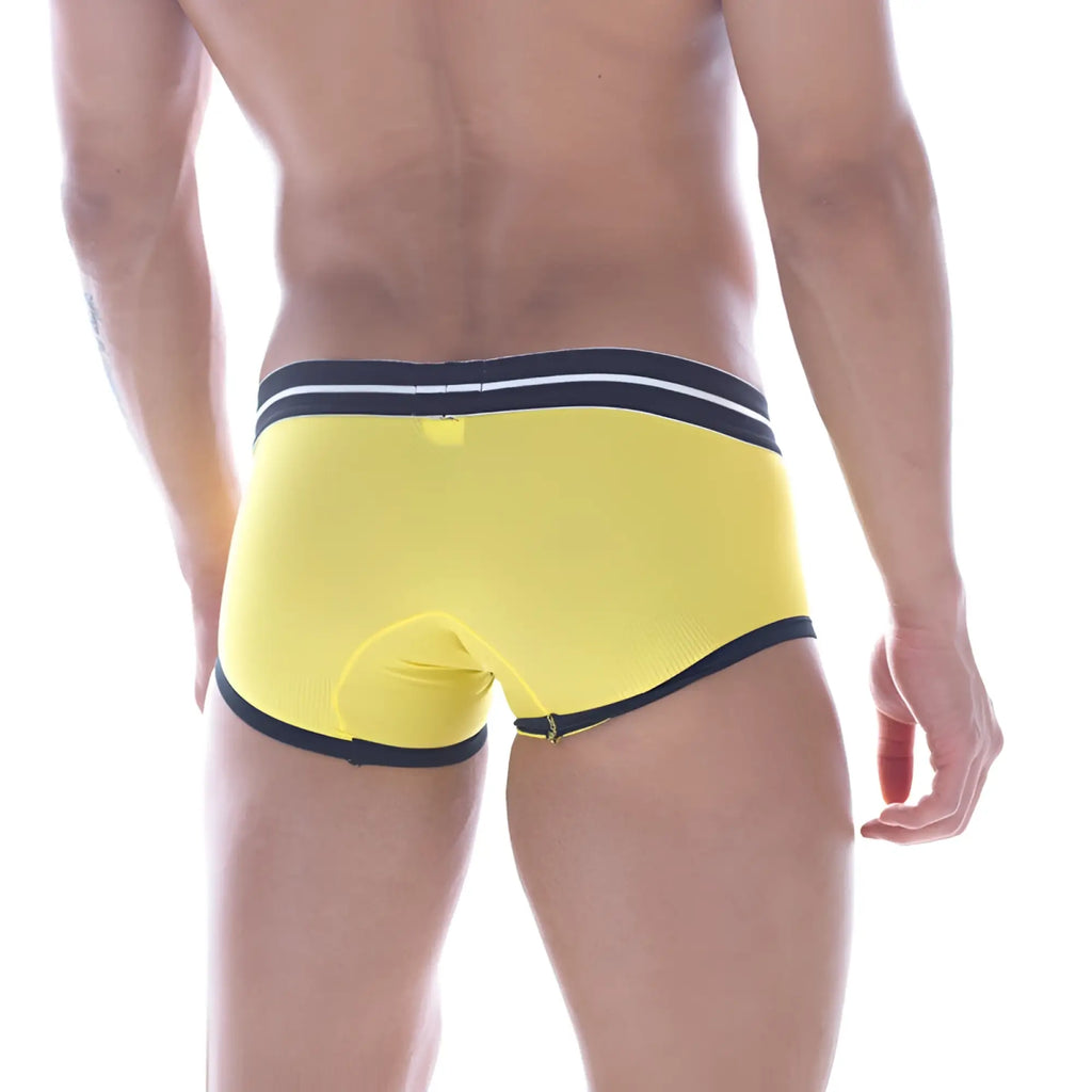 MetroMaleWear hotties boxer yellow 7016-15 bright yellow athletic briefs with navy blue trim and white stripe accents