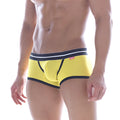 Bright yellow MetroMaleWear Hotties boxer briefs with navy trim white piping and textured mesh fabric