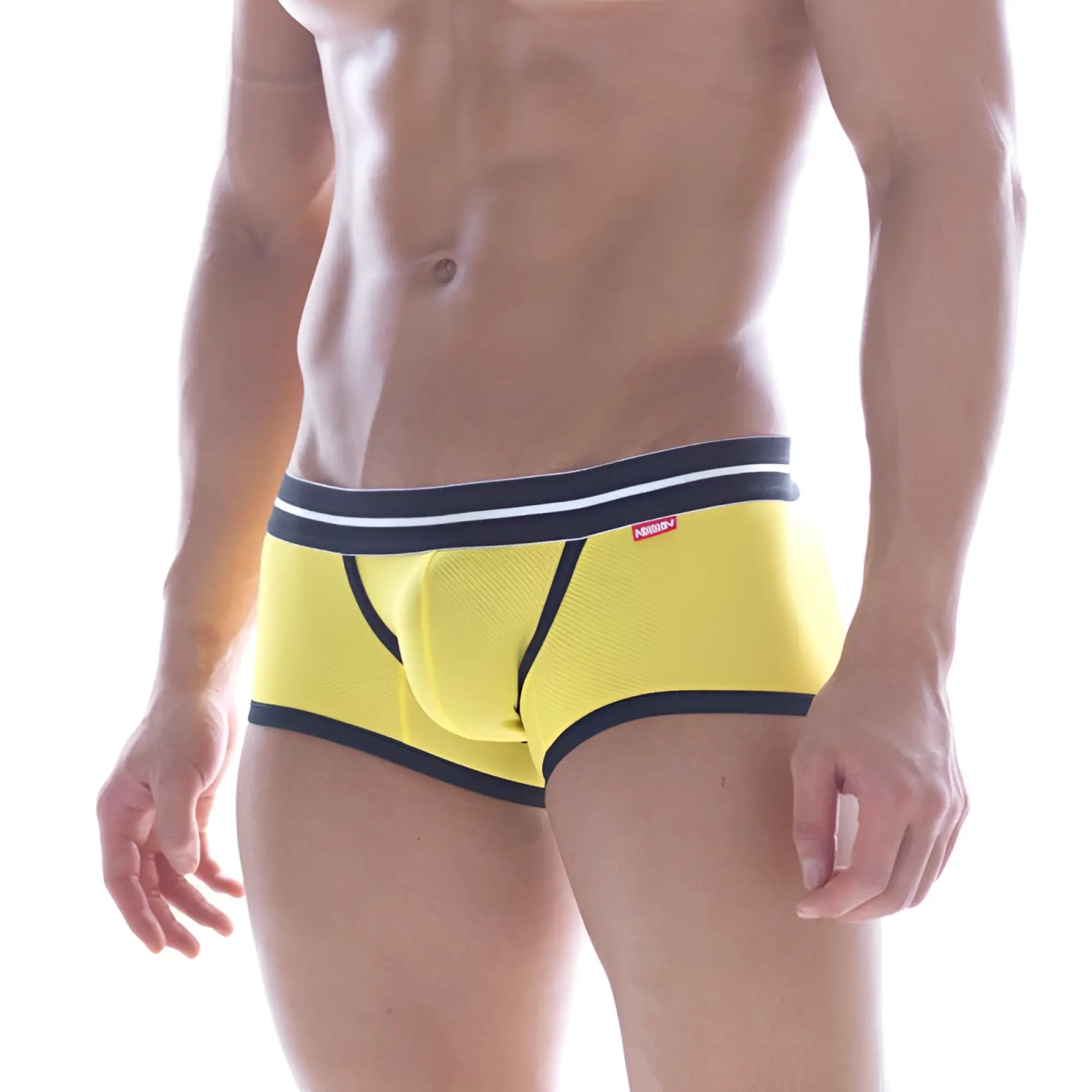Bright yellow MetroMaleWear Hotties boxer briefs with navy trim white piping and textured mesh fabric
