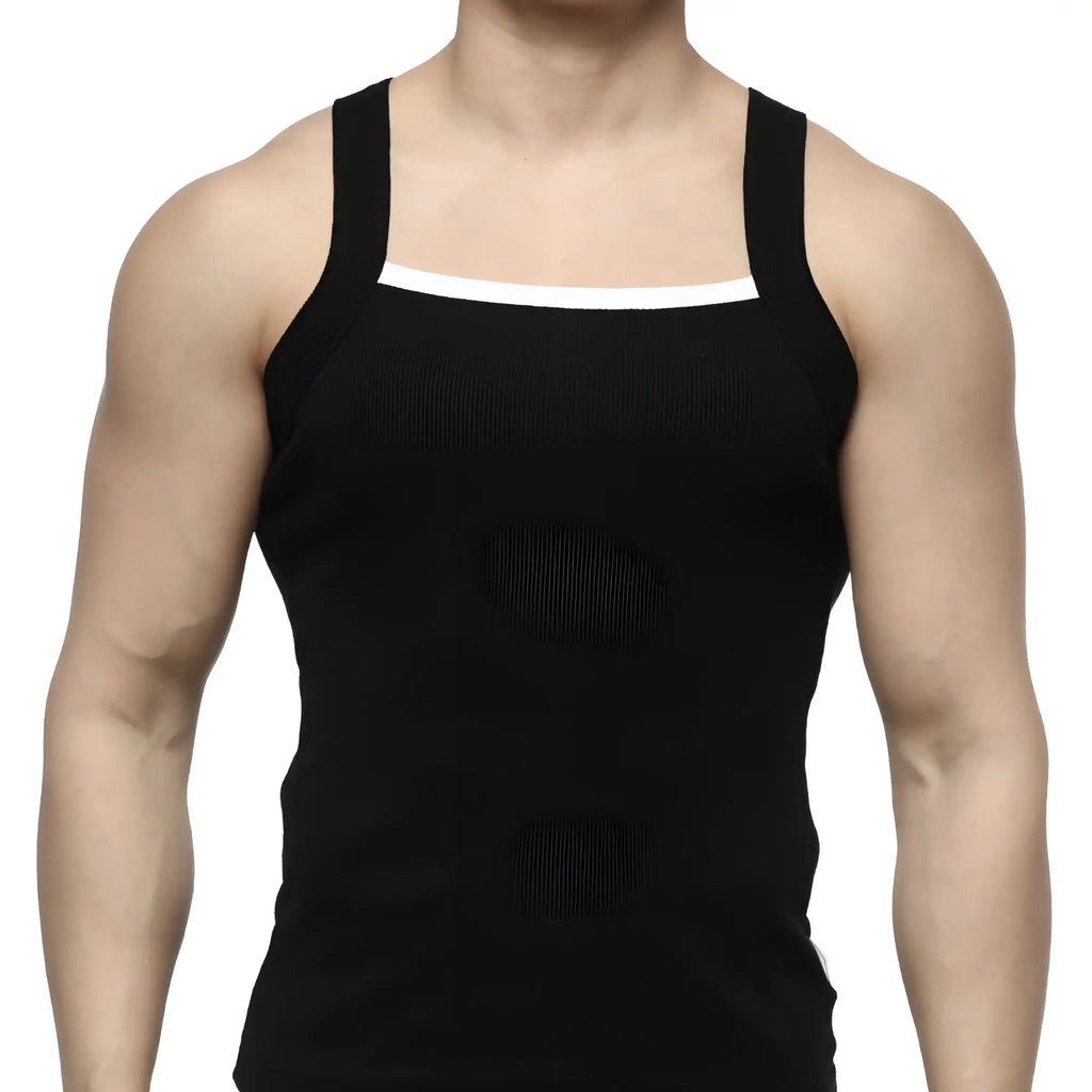 MetroMaleWear hummer tank top black with white trim along neckline and armholes in lightweight fabric
