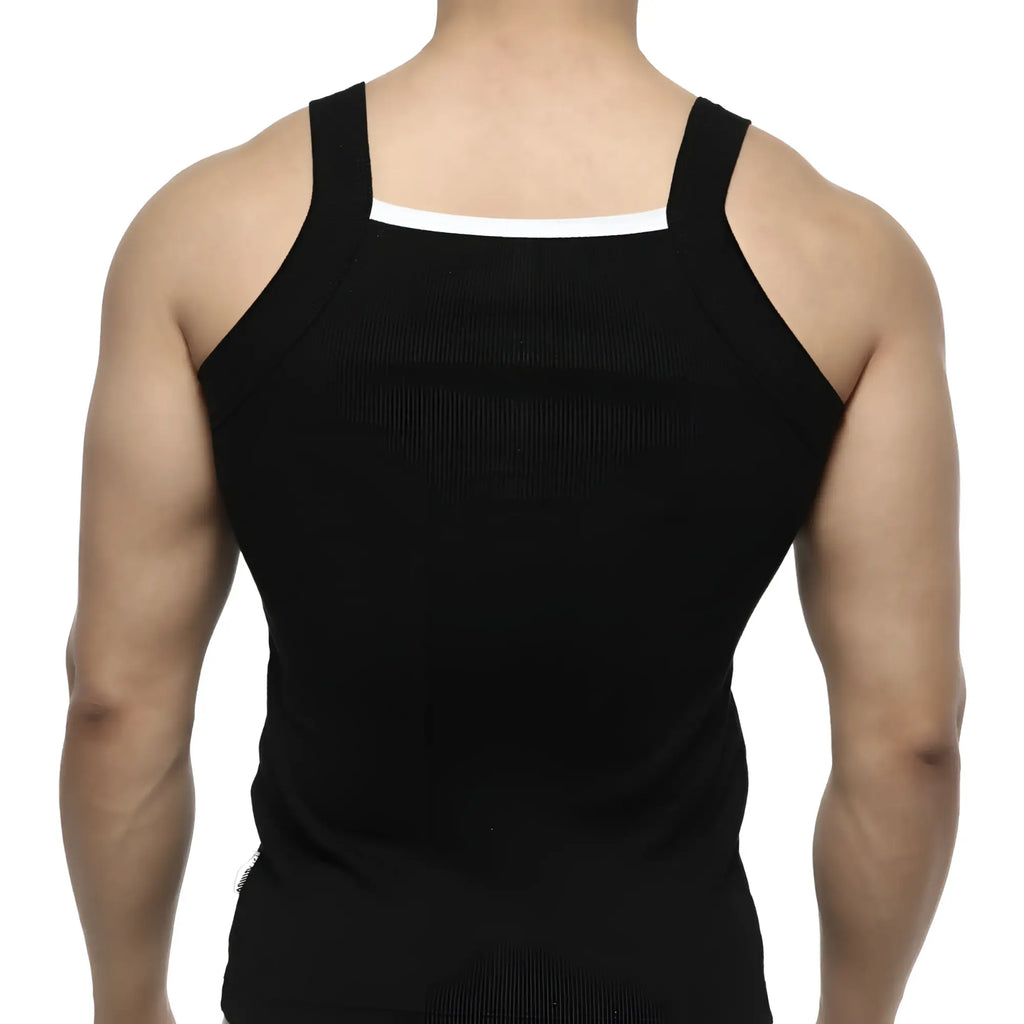 MetroMaleWear hummer tank top black with white trim along the neckline in a lightweight cotton fabric