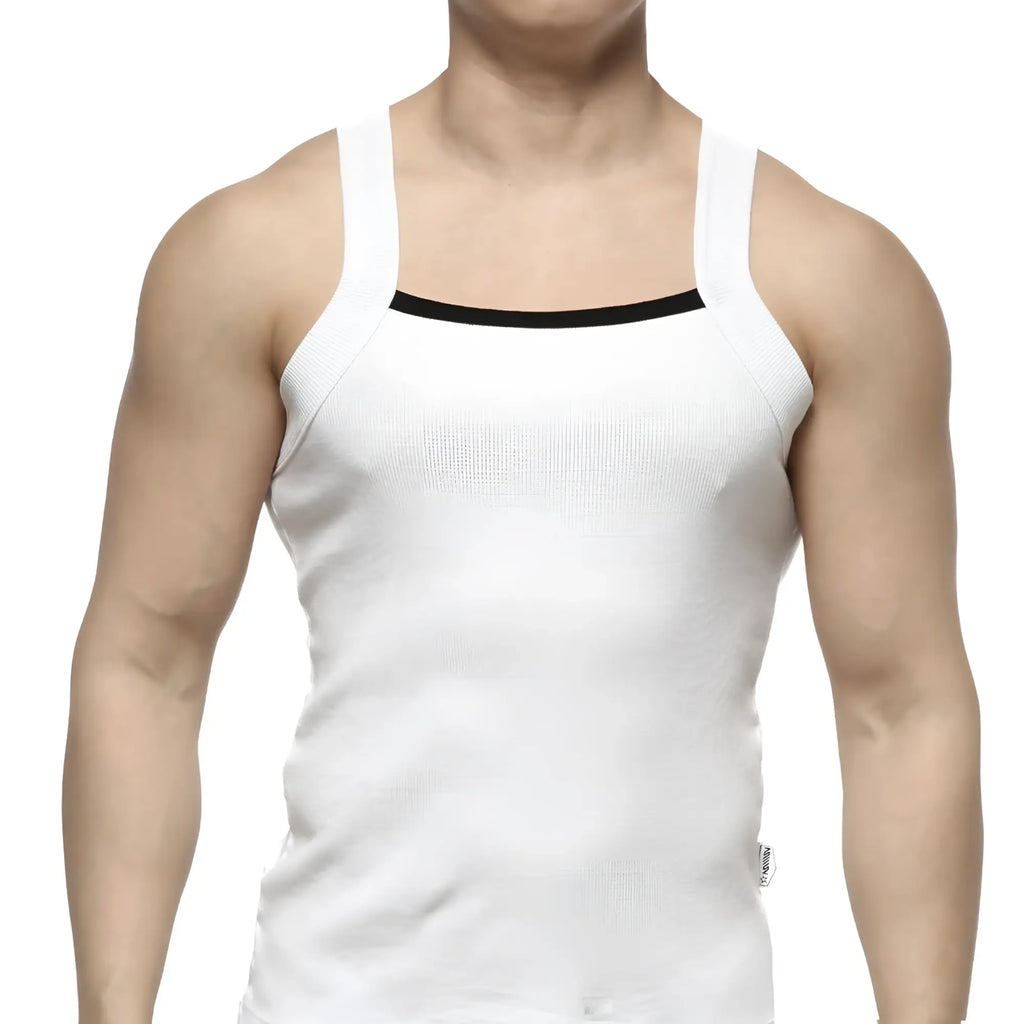 MetroMaleWear hummer tank top white ribbed fabric with black trim along the neckline for casual wear
