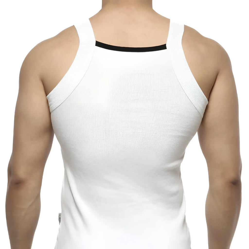 MetroMaleWear hummer tank top white ribbed cotton fabric with black trim along the neckline for casual wear