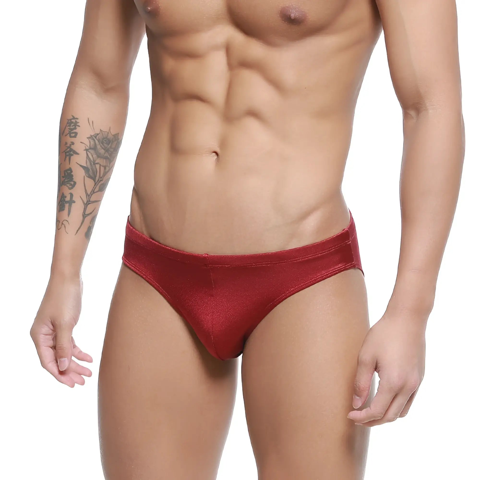 MetroMalewear hunter swim brief burgundy 4977-22 shiny red fabric swimwear for men front view