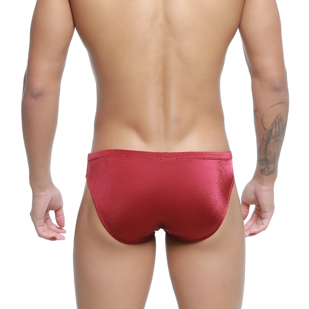 MetroMaleWear hunter swim brief in burgundy red shimmering fabric designed for comfortable swimwear use