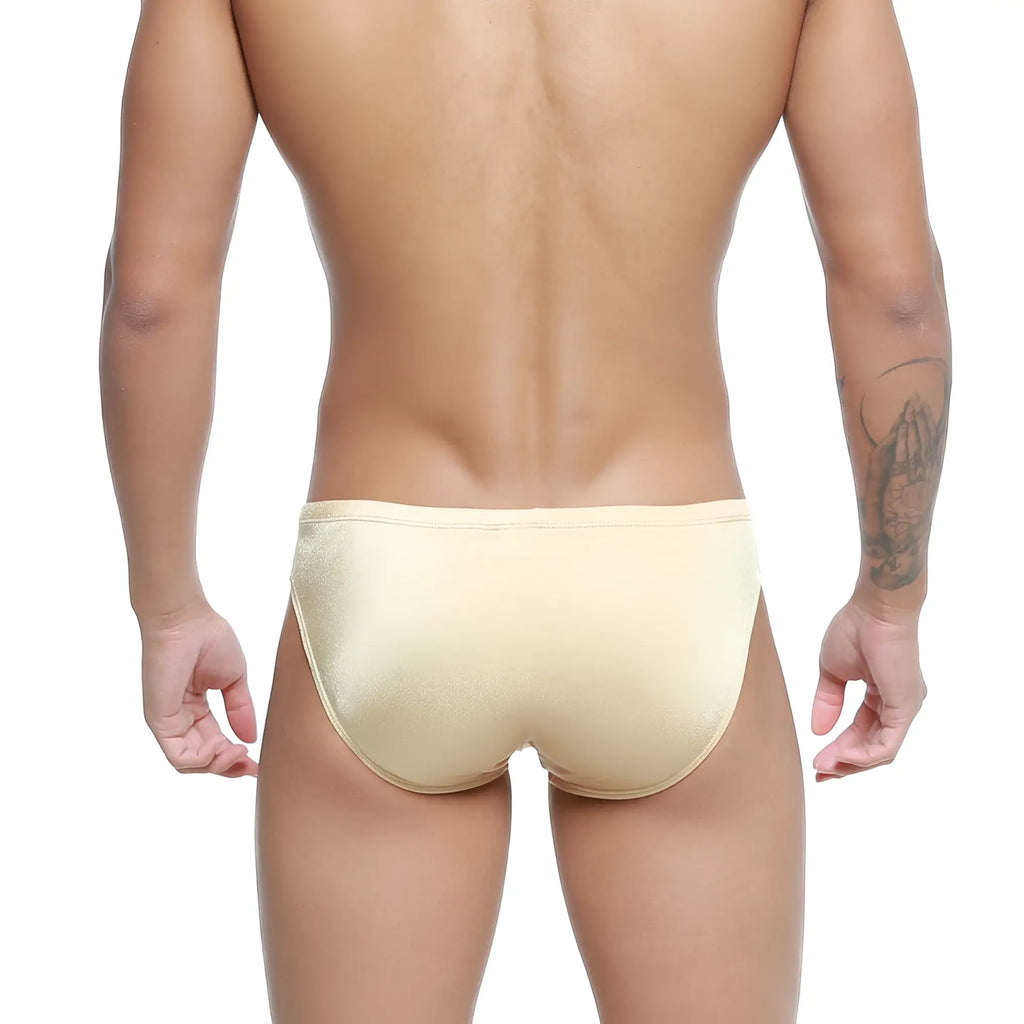 Beige satin metroMalewear hunter swim brief gold 4977-21 with smooth shiny finish designed for swimming