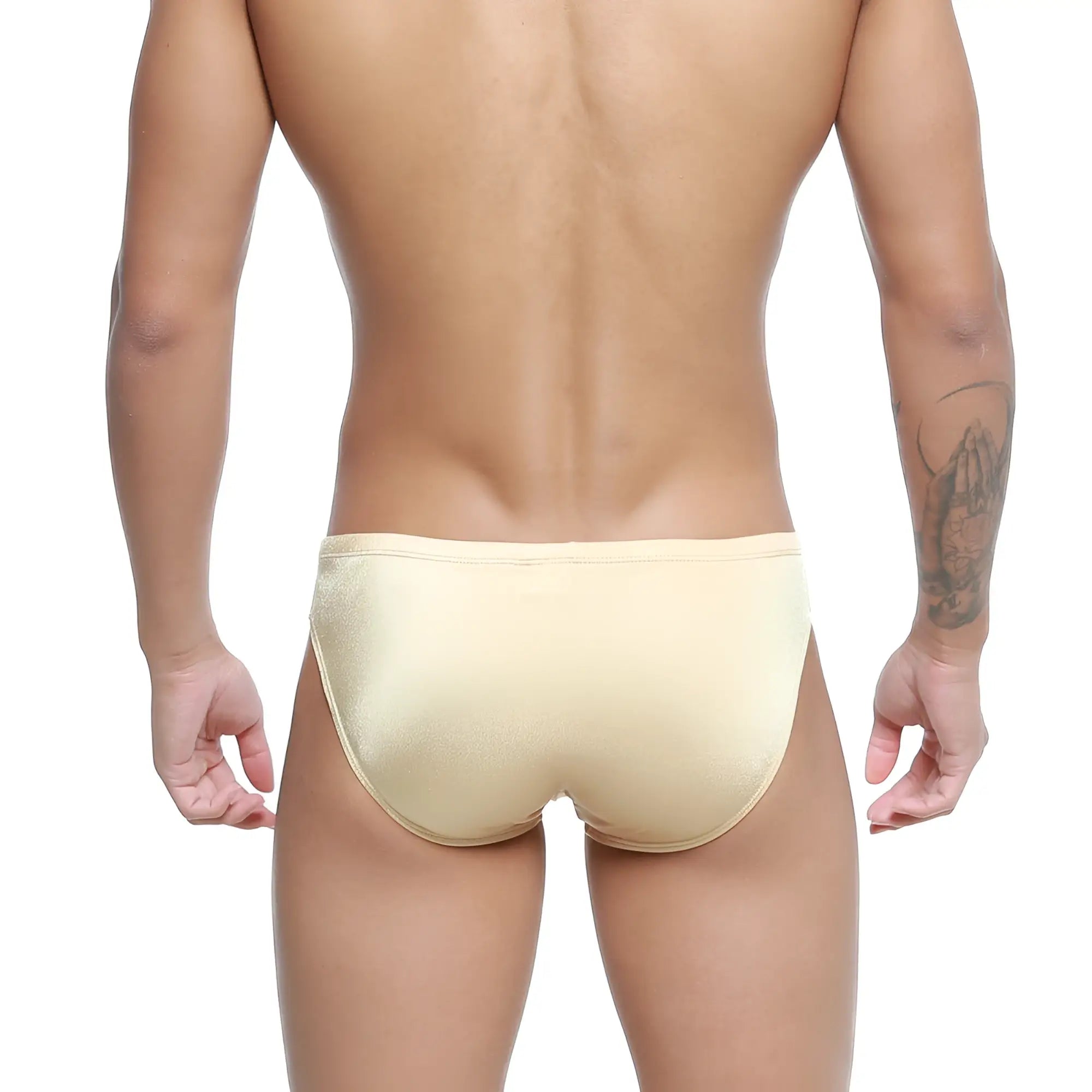 Beige satin metroMalewear hunter swim brief gold 4977-21 with smooth shiny finish designed for swimming