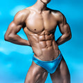 Bright blue sleek swim trunks with subtle sheen from metromalewear hunter swim brief lake 4977-08 collection