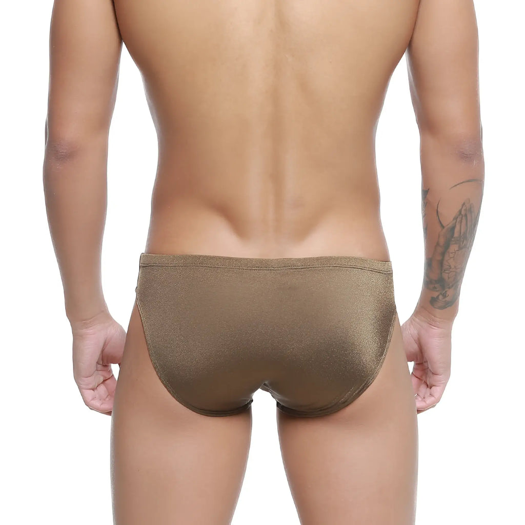 Bronze metallic textured swim briefs by metromalewear hunter in olive designed for stylish beachwear