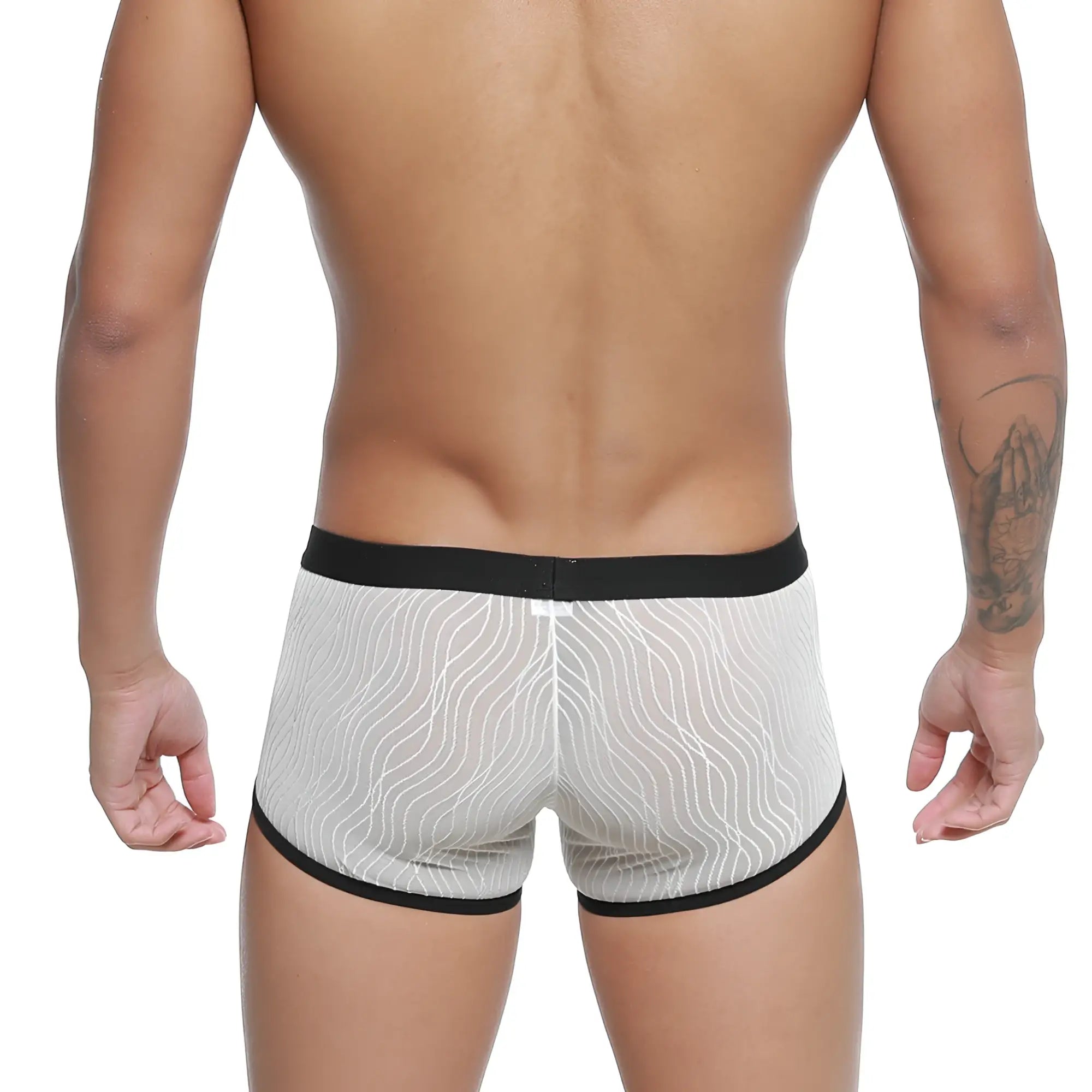 MetroMaleWear Iberico trunk ivory 2127-70 sheer white boxer briefs with black trim and wavy line pattern