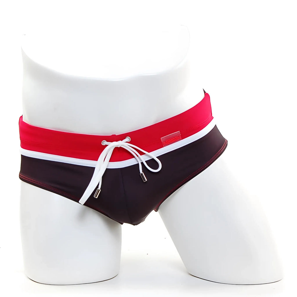 MetroMaleWear Ibiza swim brief black with red and black color, white trim, and drawstring for swimming use