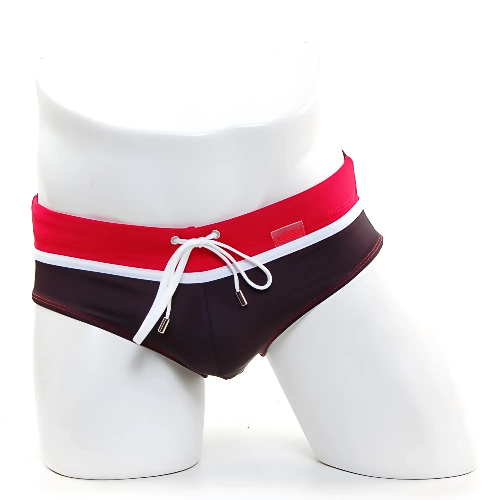 MetroMaleWear Ibiza swim brief black with red and black color, white trim, and drawstring for swimming use