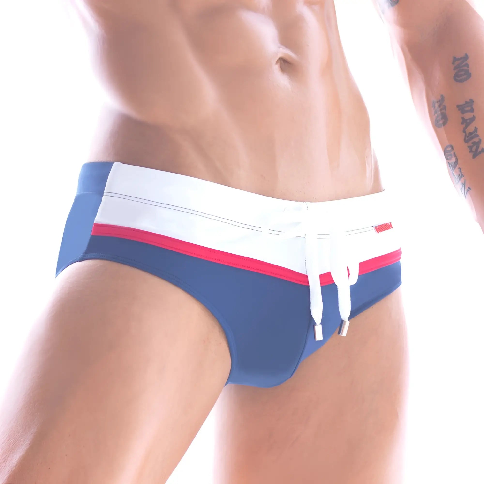 Metro male wear ibiza swim brief navy blue trunks with white waistband red stripe and matching drawstrings
