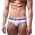White metroMaleWear Ibiza swim briefs with silver waistband black trim and white drawstrings for swimming