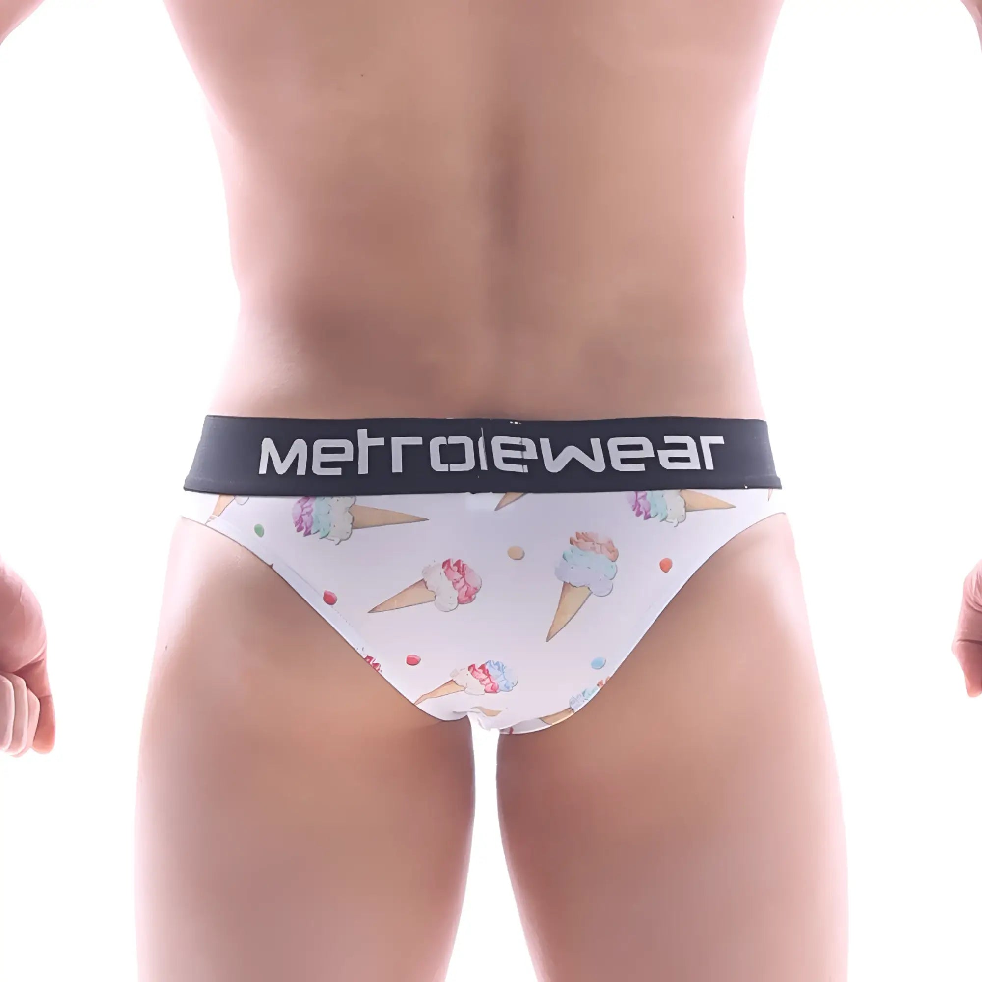 White men’s briefs with playful ice cream cone pattern pastel swirls sprinkles black metrowear waistband back view