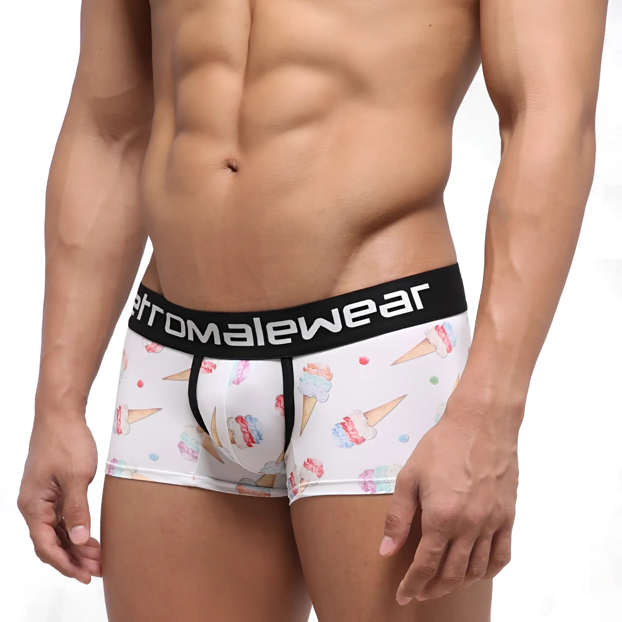 White men’s boxer briefs with a playful ice cream cone pattern and black stromalewear branded waistband MetroMaleWear 2022-31