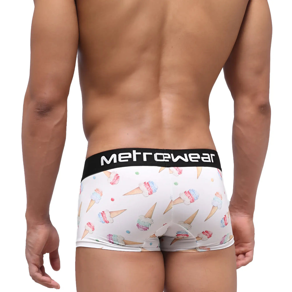 White mens briefs with playful ice cream cone pattern pastel swirls sprinkles and black metrowear waistband metroMalewear