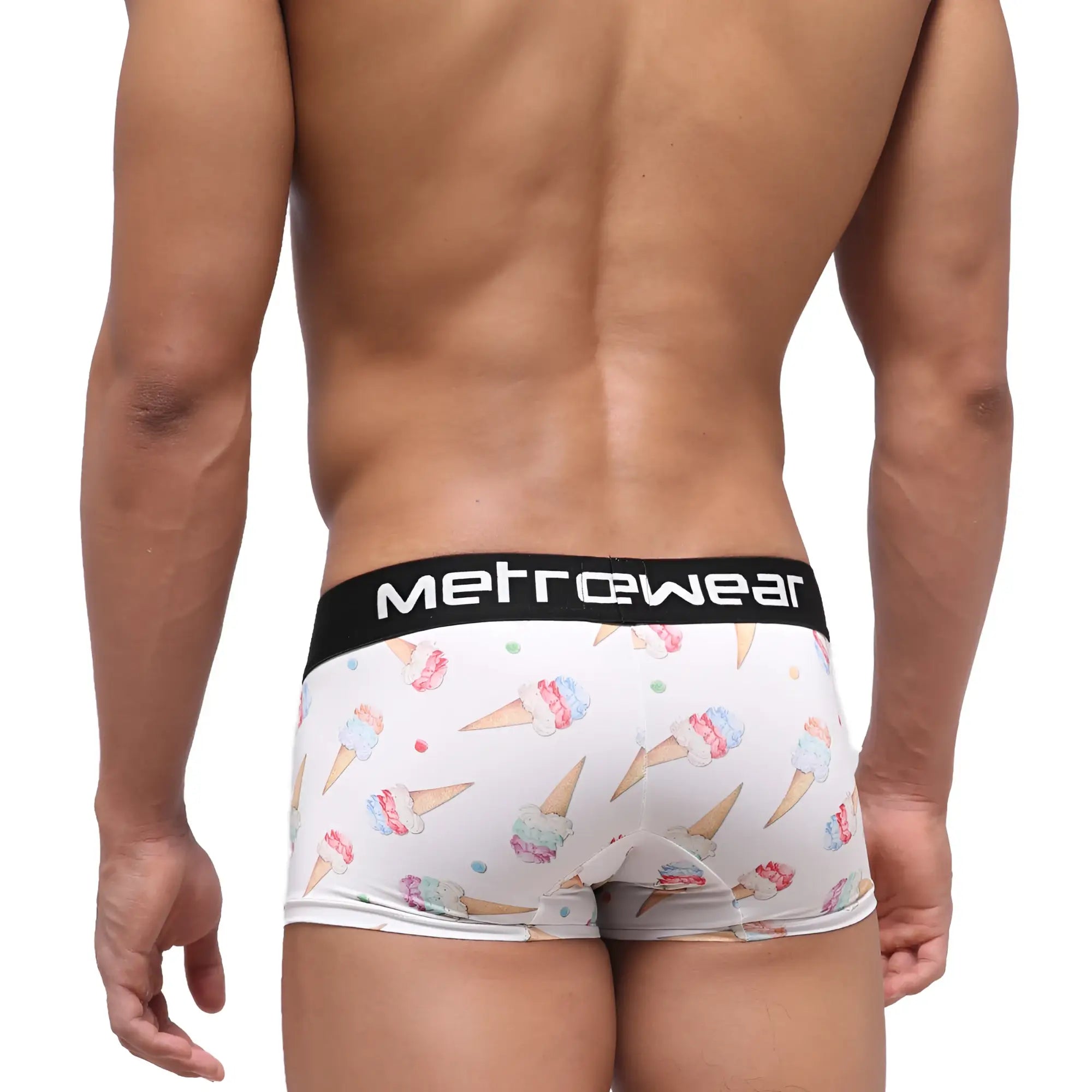 White mens briefs with playful ice cream cone pattern pastel swirls sprinkles and black metrowear waistband metroMalewear