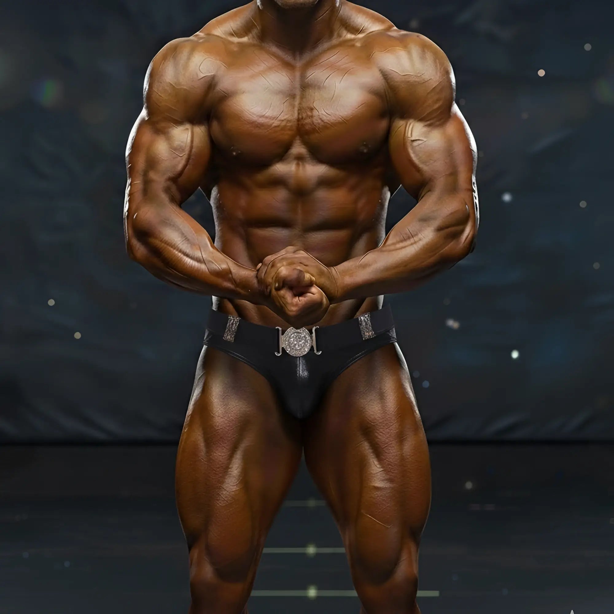 Black competitive bodybuilding briefs with silver ornate belt buckle from metromalewear icon swim brief gold 4946-30