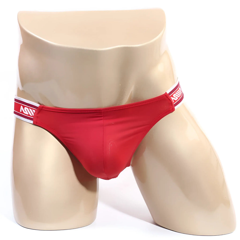 Red briefs metroMalewear inferno bikini with white and red striped waistband featuring the brand logo