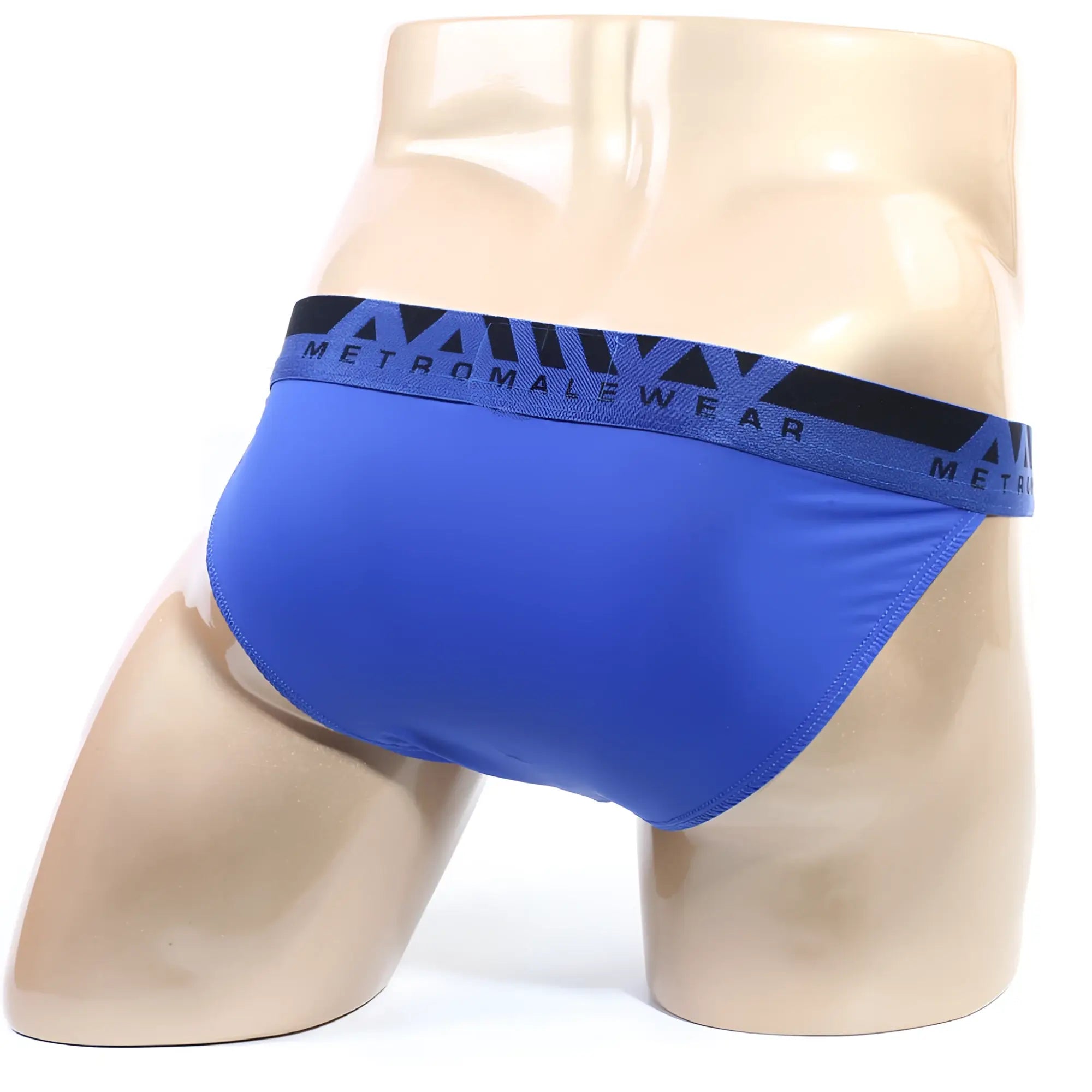 MetroMalewear inferno bikini royal blue men’s briefs with black waistband and white logo lettering