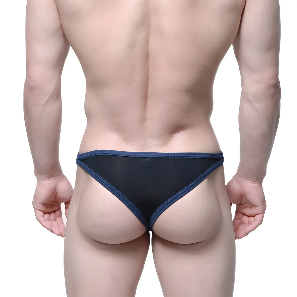 Black mesh briefs with navy blue trim from metromalewear infinito bikini black 6017-20 with breathable fabric