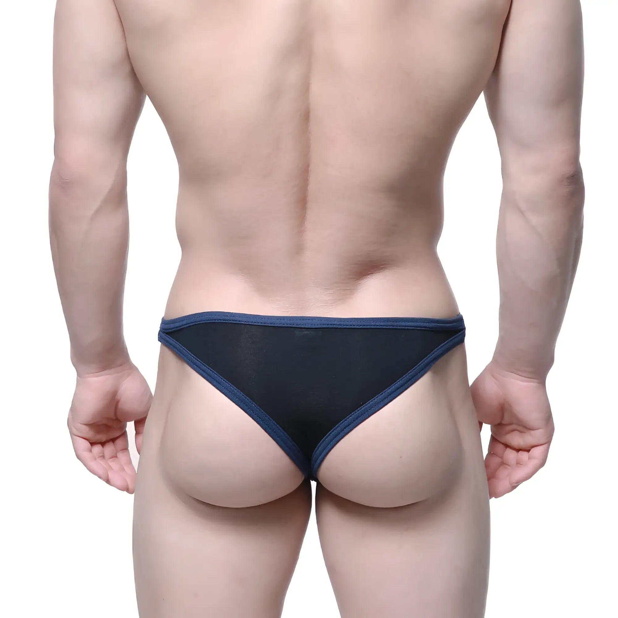 Black mesh briefs with navy blue trim from metromalewear infinito bikini black 6017-20 with breathable fabric