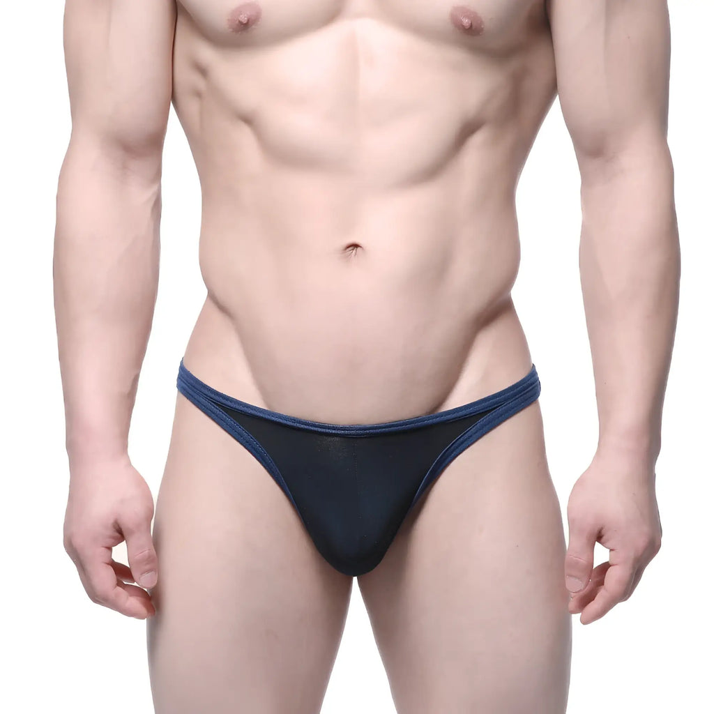 NavymaleWear infinito bikini black 6017-20 navy blue mesh thong with solid navy trim showing front view